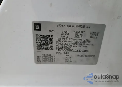 2018 Chevrolet Silverado K1500 Ltz z USA, uszkodzony, nr VIN 1GCVKSEC1JZ172386